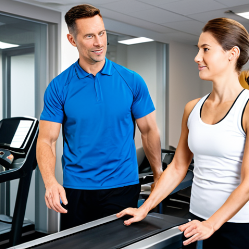 Specialized Sports Rehab Professional**

A professional sports rehab therapist, fully clothed in appropriate athletic wear, examining a runner's gait on a treadmill in a modern clinic setting, safe for work, perfect anatomy, natural pose, demonstrating expertise, well-formed hands, proper finger count, focused expression, family-friendly, high-quality image.

**