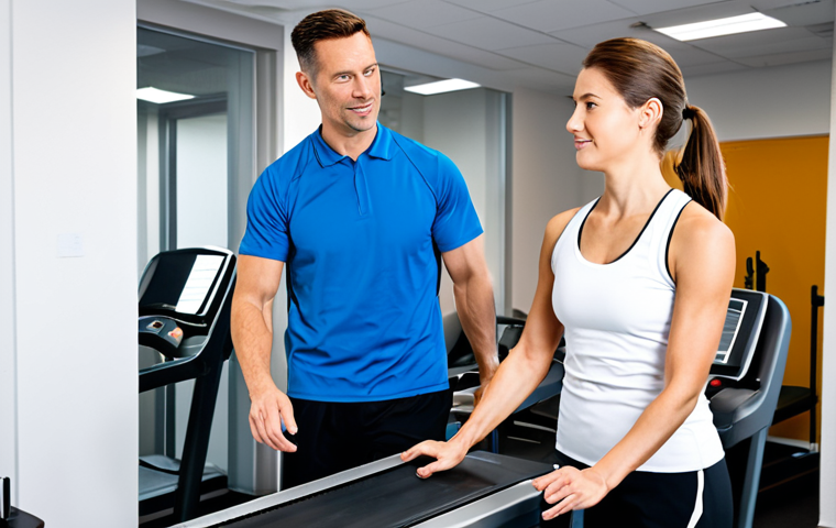 Specialized Sports Rehab Professional**
A professional sports rehab therapist, fully clothed in appropriate athletic wear, examining a runner's gait on a treadmill in a modern clinic setting, safe for work, perfect anatomy, natural pose, demonstrating expertise, well-formed hands, proper finger count, focused expression, family-friendly, high-quality image.
**