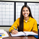 Time Management Mastery**

A young, fully clothed, professional sports rehab student at a desk covered in textbooks and a meticulously organized planner. She is smiling confidently. The background shows a bright, tidy dorm room. safe for work, appropriate content, fully clothed, modest, professional. Perfect anatomy, correct proportions, natural pose, well-formed hands, proper finger count, natural body proportions. "Time management" and "Eisenhower Matrix" subtly visible on planner pages.

**