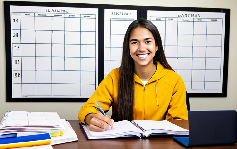 Time Management Mastery**
A young, fully clothed, professional sports rehab student at a desk covered in textbooks and a meticulously organized planner. She is smiling confidently. The background shows a bright, tidy dorm room. safe for work, appropriate content, fully clothed, modest, professional. Perfect anatomy, correct proportions, natural pose, well-formed hands, proper finger count, natural body proportions. "Time management" and "Eisenhower Matrix" subtly visible on planner pages.
**