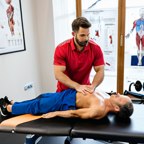 Experienced Sports Rehab Therapist in a Private Practice**

"A professional sports rehabilitation therapist in a modern, well-equipped private practice clinic, fully clothed, wearing appropriate medical attire, assisting a patient with a shoulder exercise. The clinic has natural light, exercise equipment, and anatomical charts. Safe for work, appropriate content, perfect anatomy, natural pose, professional setting, high quality."

**
