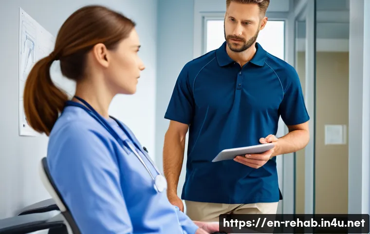 스포츠재활사로 전환 가능한 직업 - **Prompt:** A dynamic, wide-angle shot of a male sports rehabilitation specialist in his late 30s, d...