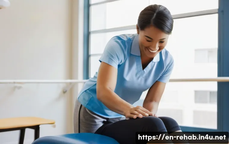 스포츠재활사와 물리치료사의 차이 - **Prompt:** A compassionate female physical therapist in her early 30s, wearing a professional clini...