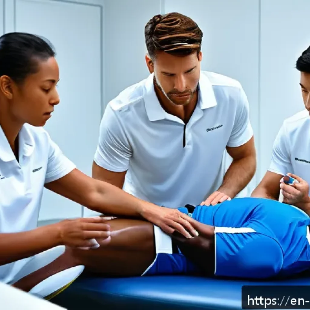 스포츠재활사로 성공하는 법 - A professional sports rehabilitation clinic scene showing a diverse group of practitioners assessing...