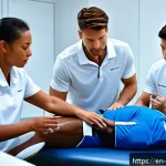스포츠재활사로 성공하는 법 - A professional sports rehabilitation clinic scene showing a diverse group of practitioners assessing...