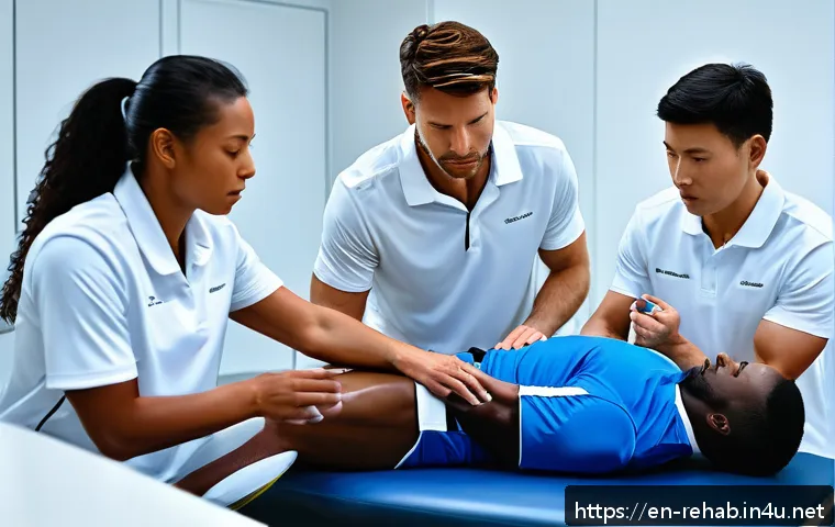 스포츠재활사로 성공하는 법 - A professional sports rehabilitation clinic scene showing a diverse group of practitioners assessing...