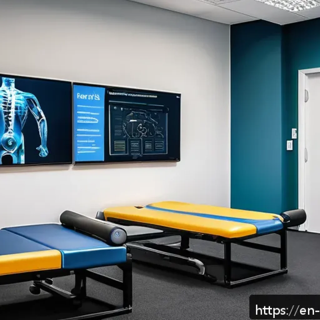 스포츠재활사 성공 스토리 사례 - A modern sports rehabilitation clinic interior showing a diverse group of patients engaged in person...