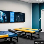 스포츠재활사 성공 스토리 사례 - A modern sports rehabilitation clinic interior showing a diverse group of patients engaged in person...