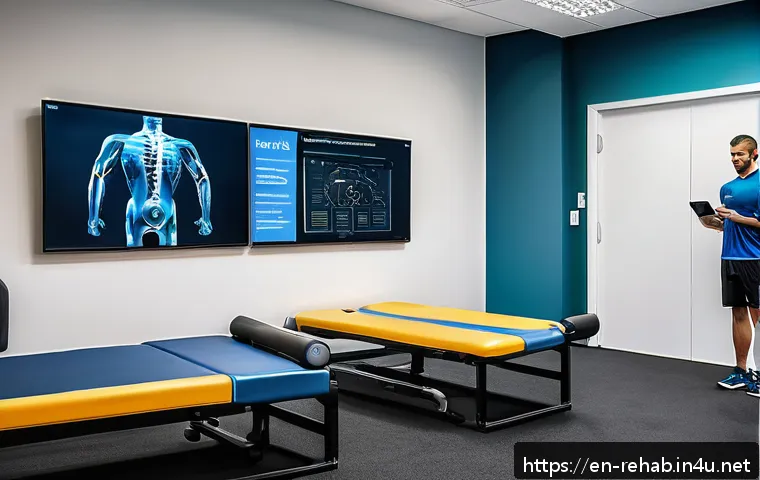 스포츠재활사 성공 스토리 사례 - A modern sports rehabilitation clinic interior showing a diverse group of patients engaged in person...